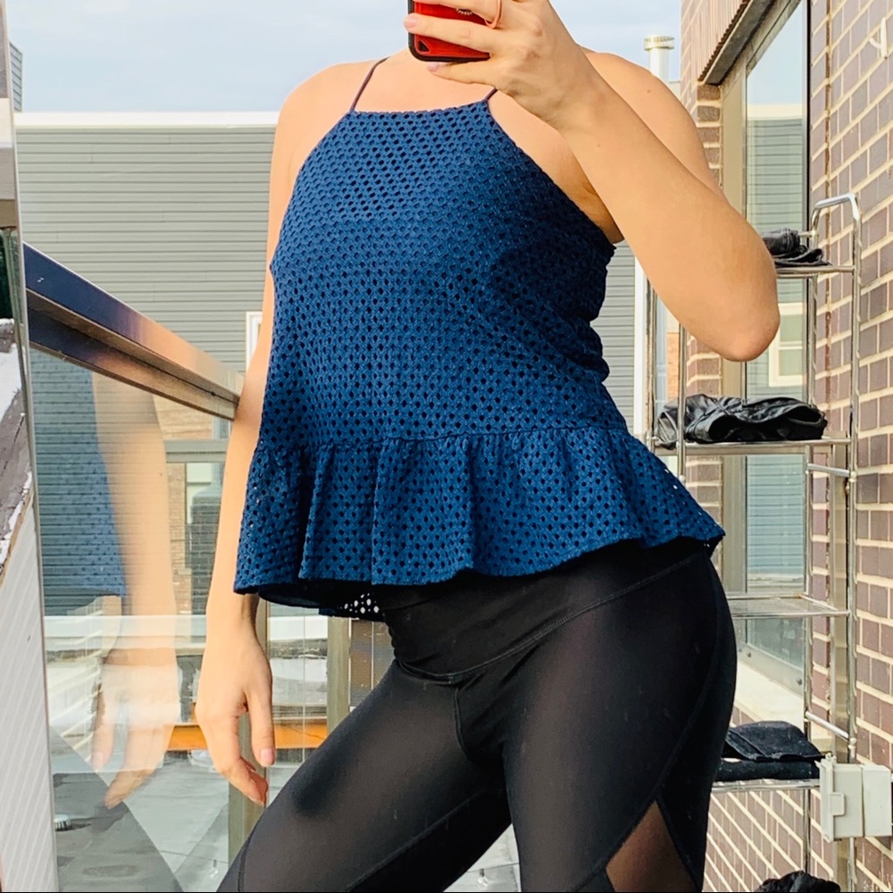 Wayf Chrochet Boho Lace Pendulum Peplum Ruffle Eyelet Crop Navy Top